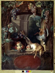 Stilleben vid spaljén Vindruvor, pecher och vilt (hare, död fågel) Målning av Francois Desportes (1661-1743) 1700-talets sön. 1,17x0,88 m Lyon, Musee des Beaux Arts