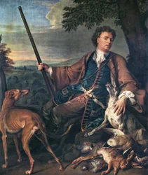 Franska: Portrait de M. Desportes peint par lui-même avec du gibier mort à ses pieds (Porträtt av konstnären som jägare) Självporträtt i jaktdräkt