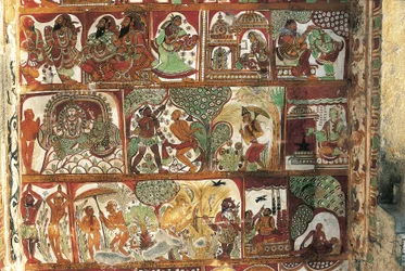 Fresker som skildrar Shivas liv i helgedom för Parvati, Nataraya-templet, Chidambaram, Tamil Nadu, Indien, 500-talet
