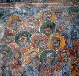 Grupp av helgon, fresk i kyrkan i Anisaraki nära Kandanos, Kreta, Grekland (foto)