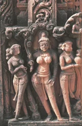 Skulptur föreställande kvinnofigurer, Jain-templet nr 16, Deogarh, Uttar Pradesh, Indien, 800-1600-talet.