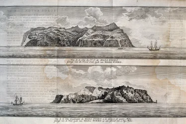 Vy över Alejandro Selkirk Island eller Mas Afuera Island, Juan Fernandez Archipelago, Chile, gravyr