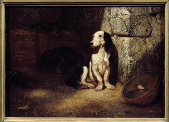 Svart och vit basset vid hundkojan. Vid sidan står en skål fylld med vatten. 1849. Sol. 0,25 x 0,35 m