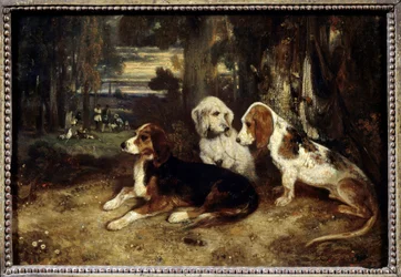 Jakthundar i vila Målning av Alexandre Gabriel Decamps (1803-1860) 1839 Sön. 0,26x0,37 m Paris, Louvren.