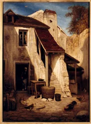 Interiör av rustik innergård i Fontainebleau Målning av Alexandre Gabriel Decamps (1803-1860) 1800-talet sön. 0,78x0,56 m Paris, Louvren.