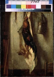 ""stilleben av tupp och hare, hängande på en krok och lykta"" Målning av Alexandre-Gabriel Decamps (Alexandre Gabriel) (1803-1860) 1800-talet Dim. 28x24 cm Eremitagemuseet, Sankt Petersburg (Saint -Petersburg)