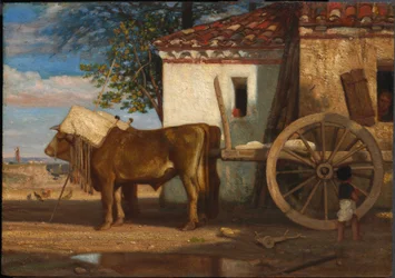 Oxar framför en bondgård vid Le Verrier, ca 1853 (olja på träpanel)