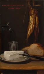 Stilleben med sill, bröd och ost