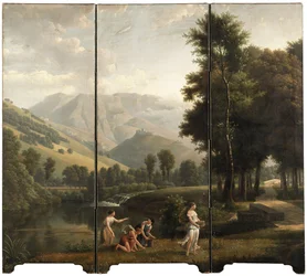 Ett arkadiskt landskap med jungfrur som samlar blommor vid en flodstrand, ett slott på en kulle bortom, 1801
