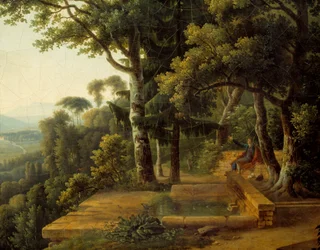 Filosofen Jean Jacques Rousseau (1712-1778) mediterar 1770 i Parc de la Rochecordon nära Lyon Detail. Målning av Alexandre Hyacinthe Dunouy (1757-1841)