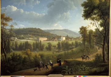 Utsikt över byn Jouy en Josas (Jouy-En-Josas) med fabriken grundad 1785 av Oberkampf (1738 - 1815). Målning av Alexandre Dunouy (1757-1841)