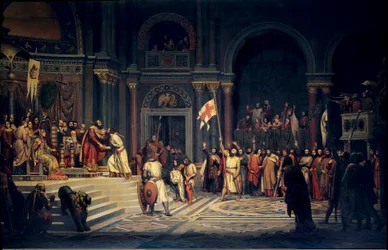 Det första korståget: Godfrey av Bouillon (1061-1100), hertig av Nedre Lothringen, svär trohet till den bysantinske kejsaren Alexios Komnenos i Konstantinopel