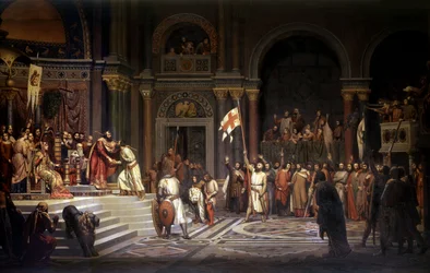 Gottfrid av Bouillon tas emot av Alexios Komnenos, kejsare av Konstantinopel, år 1097 under försvaret av staden mot turkarna under det första korståget 1096-1099, 1842