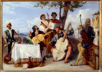 De venetianska konsertmusikerna (cello, luta, violin) och sångarna på en terrass betjänas av en svart tjänare. Målning av Alexandre Hesse (1806-1879), 1800-talet, Nantes, Konstmuseet