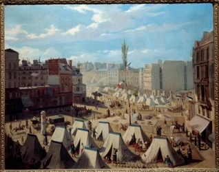 Truppläger på Boulevard du Temple under dagarna juni 1848. Utsikt över Paris under revolutionen 1848. Målning av Alexandre Josquin (1800-talet). Olja på duk. Mått: 0,64 x 0,81 m. Paris, Musee Carnavalet - Truppläger på boulevarden