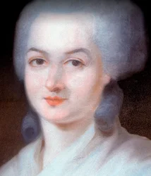 Detalj av porträttet av Olympe de Gouges (Marie Gouze, känd som Olympe de Gouges), detalj
