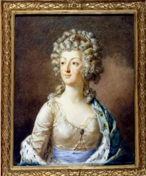 Porträtt av Marie Antoinette (1755-1793), Frankrikes drottning. Hennes frisyr är krusad (lockar). Målning av Alexandre Kucharski (1741-1819), 1700-talet, privat samling