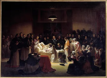 De sista ögonblicken av hertigen av Berry (1778 - 1820) på Parisoperan omgiven av Ludvig XVIII och kungafamiljen. Målning av Alexandre Menjaud (1773 - 1832)