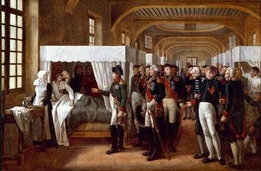 Kejsar Napoleon I (1769-1821), åtföljd av läkare och generaler (marechal Jean Mathieu Philibert Serurier, guvernör i Invalides, Louis Alexandre (Louis-Alexandre) Berthier och Joachim Murat, Gerard (Geraud) Christophe Michel Duroc, stormarskalk