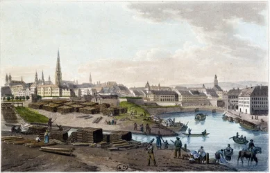 Utsikt över Wien från kusten av Leopold-Stadt (arbete på kajen) - i "" Pittoresk resa till Österrike av greve Alexandre de Laborde"", Paris, red. Äldste Didot