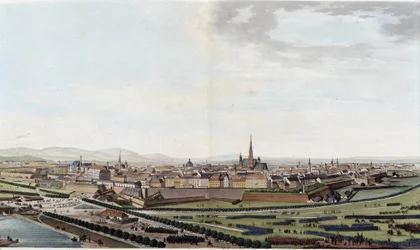 Allmän bild av Wien tagen från Saint Charles-kyrkan - i "Picturesque Voyage to Austria by Count Alexandre de Laborde", Paris, ed. Didot den äldre