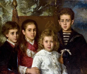 Porträtt av barnen till Paul Pavlovich Demidoff, 2:e prinsen av San Donato (1839-1885), Aurore Anatol, Maria och Pavel - Peinture de Alexei Alexeyevich Harlamov (1840-1922) - 1883 - Olja på duk - 76,5x90 - Privat samling
