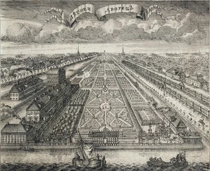 Utsikt över sommarträdgårdarna från floden Neva, 1717