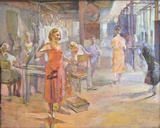 Femårsplanen - Elfabriken ""Svetlana"" i Leningrad av Sittaro, Alexei Gumbertovich (1906-1942). Olja på duk, storlek: 174x2