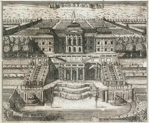 Utsikt över det stora palatset i Peterhof, 1717.