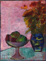 Stilleben med fruktskål och blomstervas, ca 1932.