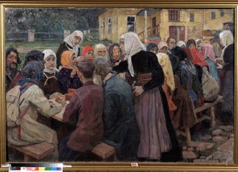 Måltiden. Ett långt bord dukat i trädgården, för att servera lunch till en skara människor, de vakthavande kvinnorna bär vita halsdukar. Målning av Alexei Mikhaylovich Korin (Korine) (1865-1923), olja på duk