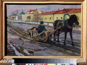 Hästsläde (Släd Ride). På gatan i en rysk by, på vintern, kör en man ett team. Målning av Alexei Mikhaylovich Korin (Korine) (1865-1923), olja på duk