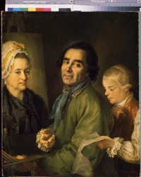 Porträtt av konstnären Alexei P.Antropov (1716-1795) med sin son (Porträtt av konstnären Alexei P.Antropov med sin son). Målning av Petro Semyonovich Drozhdin (1745-1805), olja på duk