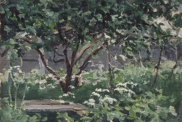 Ena hörnet av trädgården. 1900-10