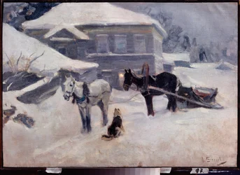A Country Hotel - Målning av Alexei Stepanovich Stepanov (1858-1923), olja på duk, rysk konst från slutet av 1800- och början av 1900-talet, landskap - M Tuganov Art Museum of the North Ossetian, Vladikavkaz (Ryssland)