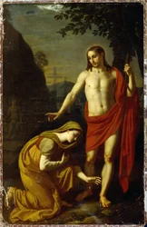 Noli Me Tangere. (Rör mig inte). Ord från Jesus under hans uppståndelse, adresserade till Maria de Magdala (Maria Magdalena), i bakgrunden, tortyrkorsen på berget Golgata. Målning av Alexei Yegorovich Yegorov (1776-1851), olja på duk