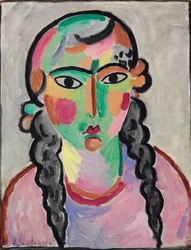 La fille pale aux tresses grises - The Pale Girl with Grey Pigtails, av Alexej von Jawlensky (Javlensky) (1864-1941). Olja på papper, c. 1916. Mått : 63,5x49,5 cm. Privat samling
