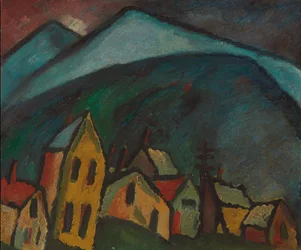 bergslandskap med hus; Bergslandskap med hus, 1912