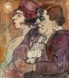 Stilleben med flaska, frukt och figur; Stilleben med flaska, frukt och figur, ca. 1907-1908