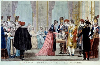 En offentlig utfrågning av direktionen (1795-1798) Allmänheten kommer för att lämna in sina förfrågningar eller klagomål till statens representant. Gravyr av Alexis Chataignier (1772-1817) 1795. Paris, B.N.