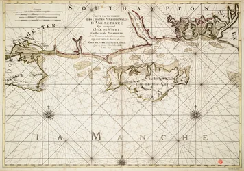 Karta över den engelska kusten, Isle of Wight och Portsmouths hamn
