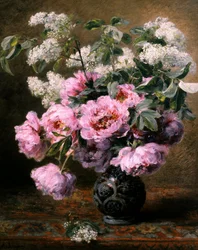 Stilleben av sommarblommor med pioner och syrener. Målning av Alexis Kreyder (1839-1912) Privat samling.