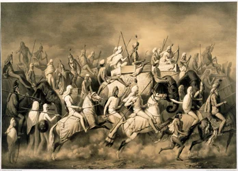 Maharaja Sher Singh från Punjab och hans följe på jakt, illustration från "Resor i Indien under åren"