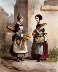 Små metier: bageriet. Ung gående brödhandlare. Tryck av Alfred Andre Geniole (1813-1861) från "Les femmes de Paris" 1841-1842 Paris, Musee Carnavalet