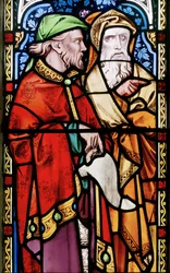 Två män som lyssnar på Johannes Döparens predikan, detalj från östfönstret, 1857 (målat glas)