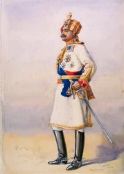 Hon överste H.H. Maharaja Sir Ganja Singh, Bahadur från Bikaner, illustration för "Armies of India" av major G.F. MacMunn, publicerad 1911