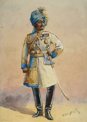 Hon generalmajor H.H. Maharaja Sir Pratap Singh Bahadur, illustration för "Armies of India" av major G.F. MacMunn, publicerad 1911
