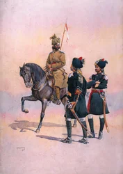 Soldat från den 37:e Lancers (Baluchhästen) Baluch, den 36:e Jacobshästen Pathan och den 35:e Scindehästen, Kot Daffadar Baluch, illustration för 