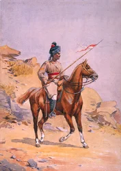 Soldat från den 38:e prinsen av Wales egen Central India Gorse, Lance Dafadar Gakbar (Punjabi Musalman) illustration för "Armies of India" av major G.F. MacMunn, publicerad 1911