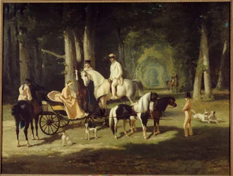 Herr och fru A. Mosselman och deras två döttrar går genom skogen till häst. Målning av Alfred de Dreux (1810-1860) 1848 Sön. 2x2,65 m Paris, museum för Petite Palais